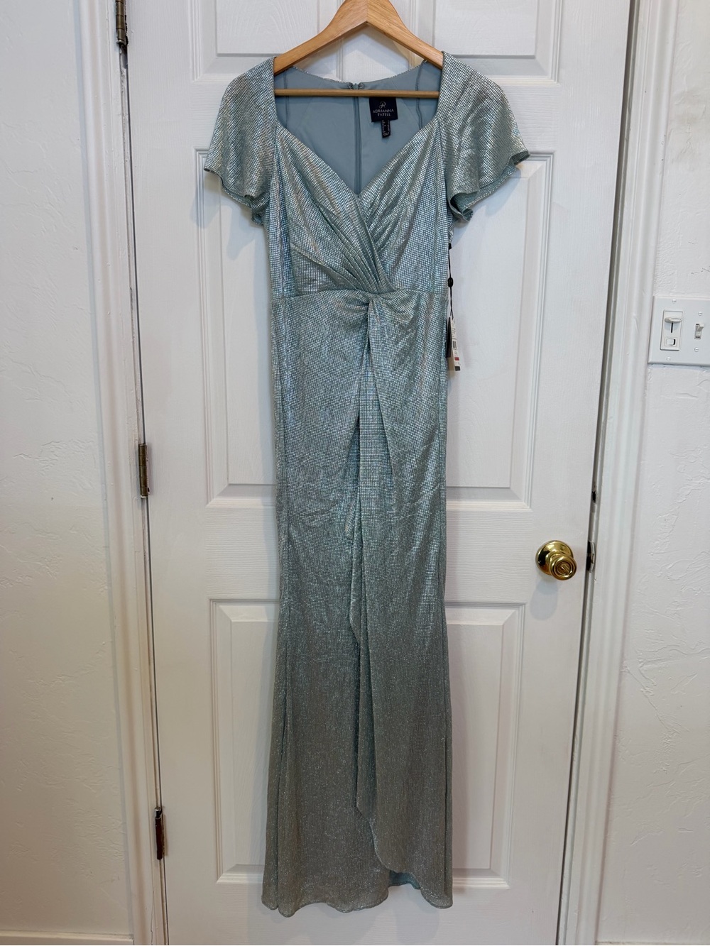 Adrianna Papell Metallic Sage Green Wrap-Front Maxi Dress